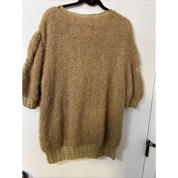 VTG Sweater Crochet Handmade Gold Brown Short sleeves 3d Flower Eye Lashes - Picture 6 of 9